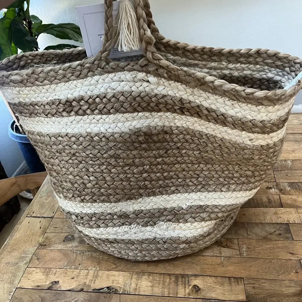 LR Home Natural Beige Jute Striped Storage Decorative Basket